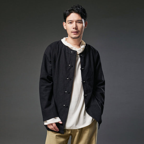 2021 Autumn NEW! Men Retro Chinese Style Pure Color Linen and Cotton Long Sleeve Cardigan Thin Jacket