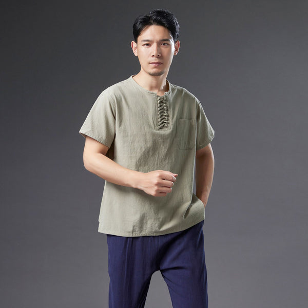 Men Causal Style Linen and Cotton Short Sleeve Tops