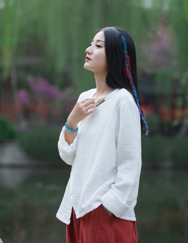 Women Zen Style Linen and Cotton Long Sleeves Side Cardigan Wrinkled Shirt