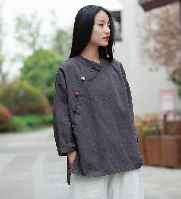 Women Round Collar Zen Style Linen and Cotton Long Sleeves Side Cardigan Shirt