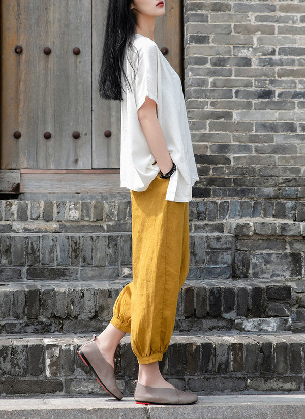 Women Lantern Style Linen and Cotton Lantern Cropped Pants