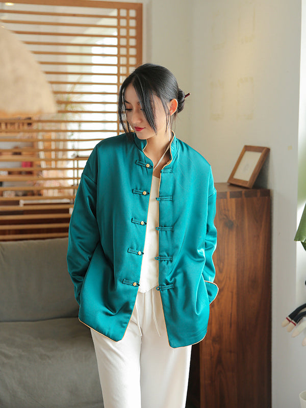 2021 Winter NEW! Women Round Collar Asian Silk Style Quilted Long-sleeved Jacket