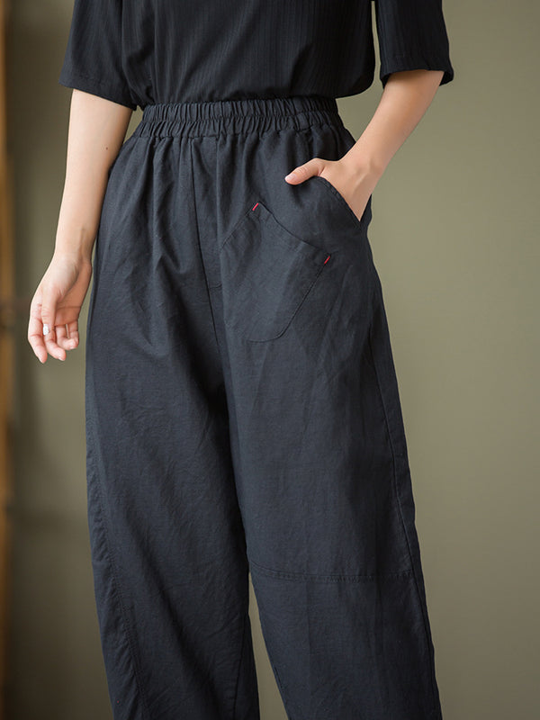 2021 Autumn NEW! Women Lantern Style Linen and Cotton Causal Patchwork Front Pocket Cropped Capris