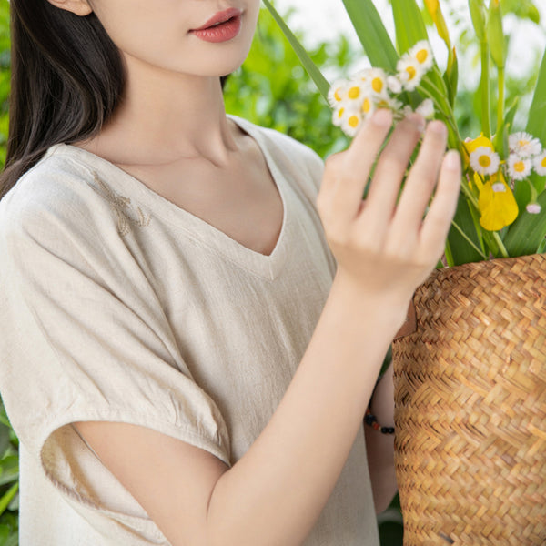 2022 Summer NEW! Women Retro Style Linen and Cotton V-Necked Short Sleeves Shirt