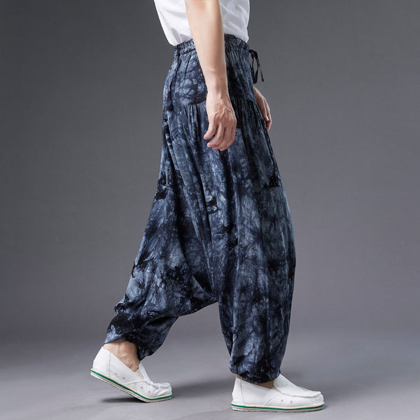 Men Retro Style Linen and Cotton Loose Dyed Color Drawstring Pants