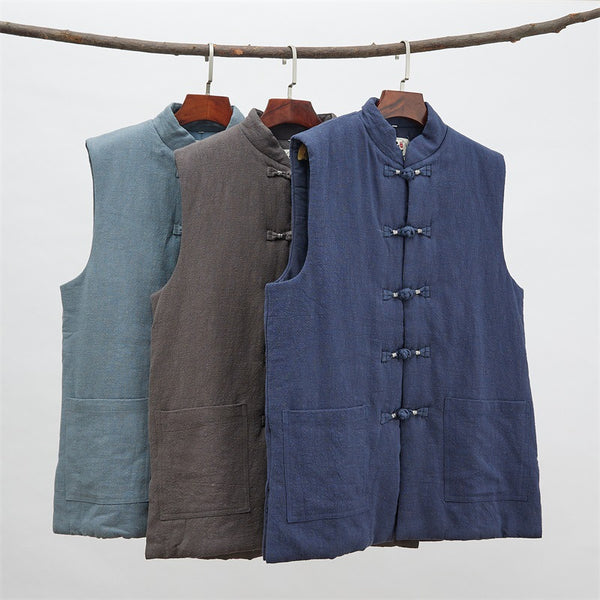 2021 Autumn NEW! Men Retro Chinese Style Linen and Cotton Quilted Vest