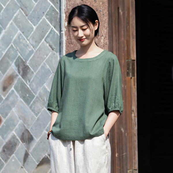 2022 Summer NEW! Women Simple Style Wrinkled Linen and Cotton Middle Sleeves Shirt