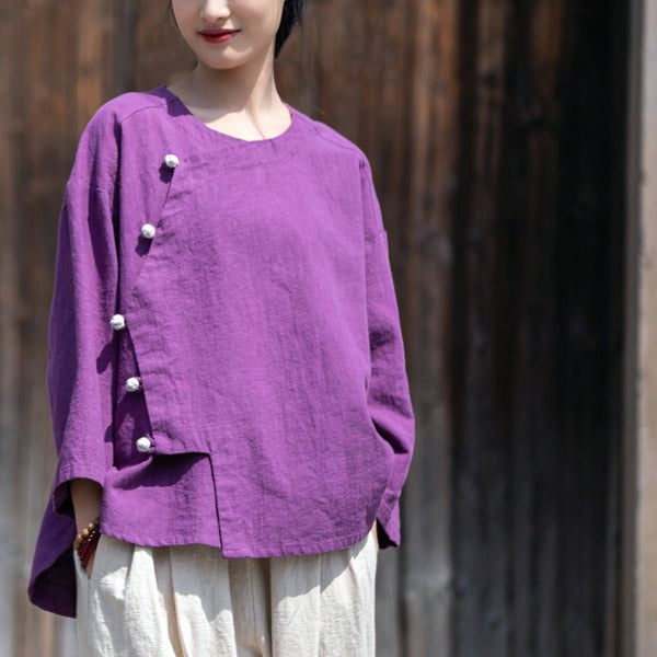 2022 Summer NEW! Women Chinese Ethnic Style Wrinkled Linen and Cotton Bracelet Sleeves Shirt