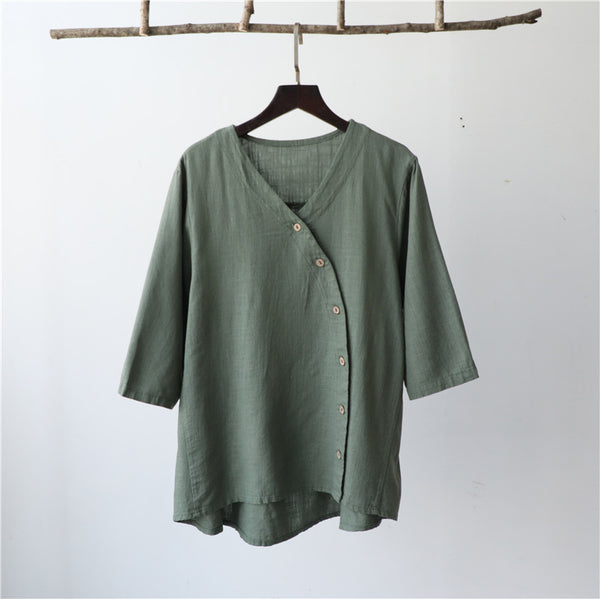 Women Linen and Cotton Middle Sleeves Cardigan Shirt