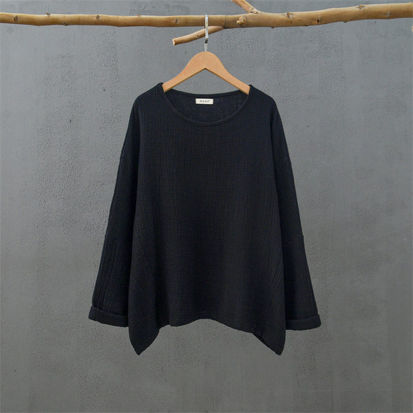 2021 Autumn NEW! Women Simple Loose Style Linen and Cotton Pure Color Round Neck T-Shirt