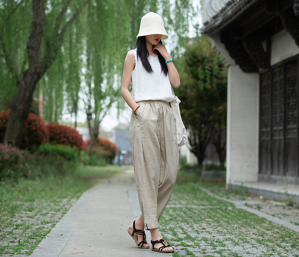 Women Linen and Cotton Causal Loose Cropped Capris