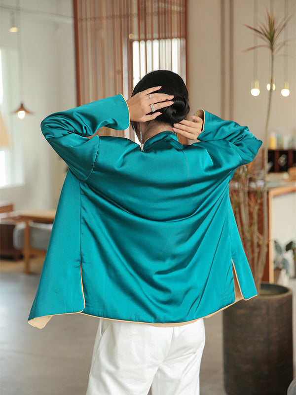 2021 Winter NEW! Women Round Collar Asian Silk Style Quilted Long-sleeved Jacket