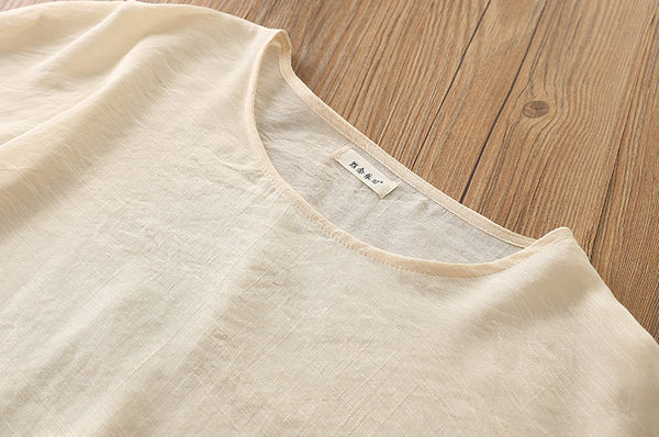 2022 Summer NEW! Women Modern Loose Style Linen and Cotton Round Necked Short Sleeves Shirt