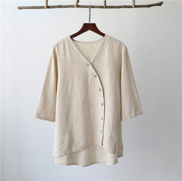 Women Linen and Cotton Middle Sleeves Cardigan Shirt