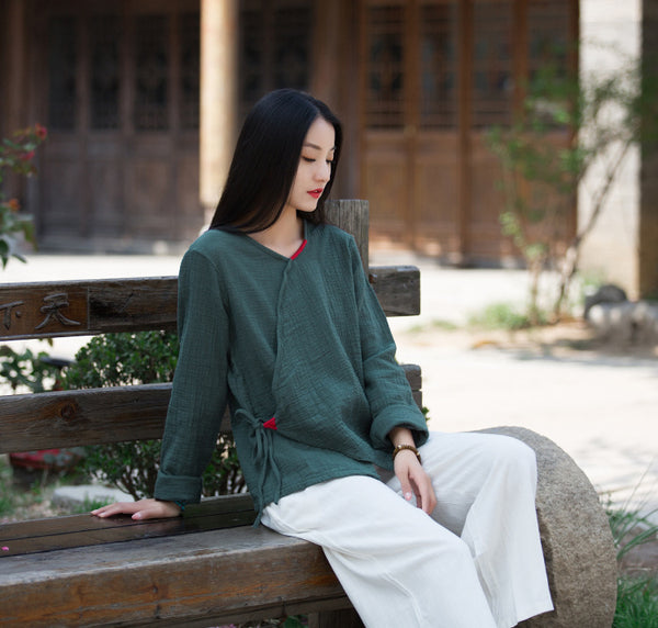 Women Zen Style Linen and Cotton Long Sleeves Side Cardigan Wrinkled Shirt