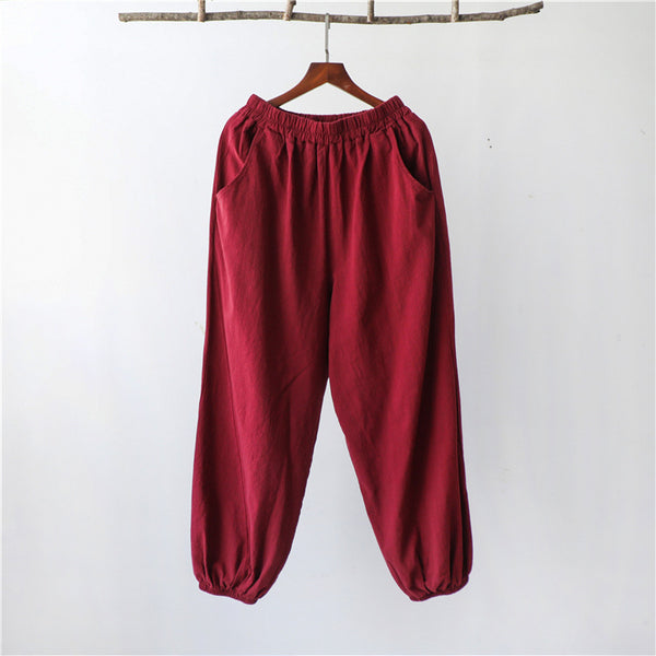 Women Retro Causal Lantern Style Linen and Cotton Patchwork Pants