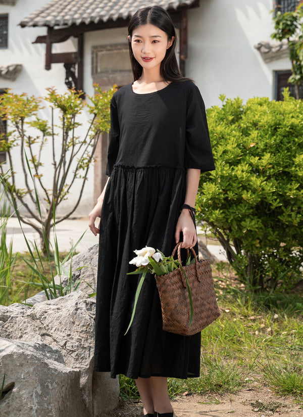 2022 Summer NEW! Women Loose Linen and Cotton Round Neck Middle Sleeve Maxi Dress