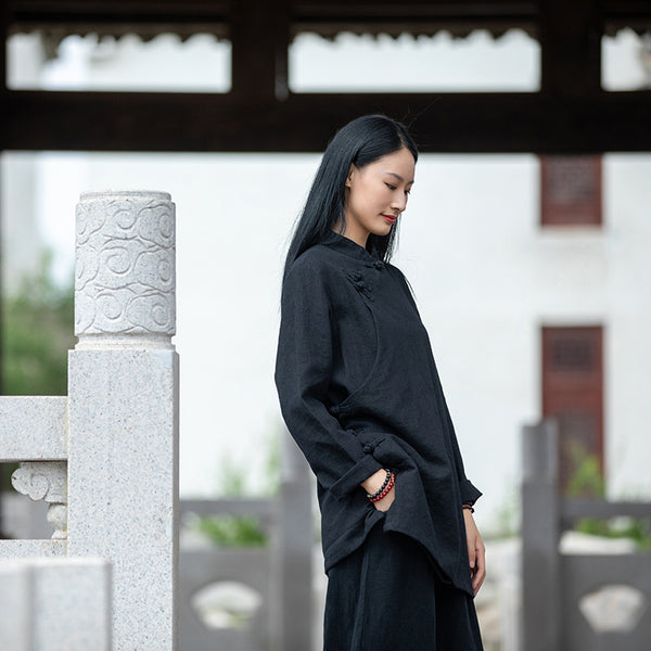 2021 Autumn NEW! Women Simple Retro Style Linen and Cotton Pure Color Top Buckle Blouse Shirt