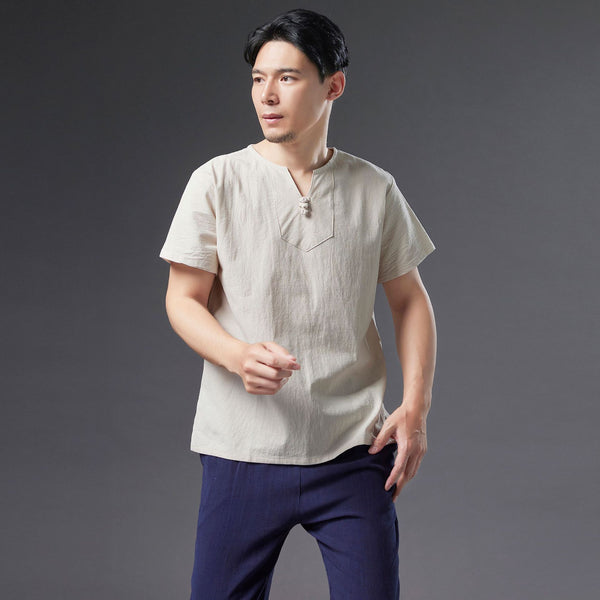 Men Causal Style V Neck Buckle Linen and Cotton Short Sleeve Tops