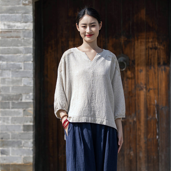 2022 Summer NEW! Women Simple Style Wrinkled Linen and Cotton V Necked Bracelet Sleeves Shirt