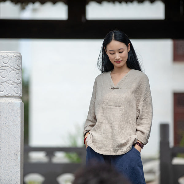 2021 Autumn NEW! Women Asian Style Linen and Cotton Long Sleeves V-necked Chinese Blouse