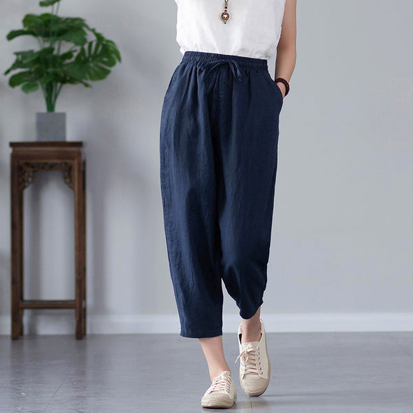 2022 Summer NEW! Women Causal Style Linen and Cotton Waist Belt Cropped Pegged Pants