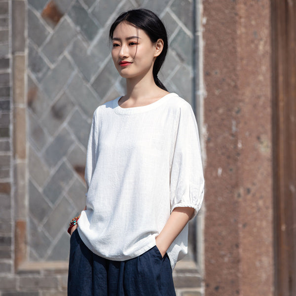 2022 Summer NEW! Women Simple Style Wrinkled Linen and Cotton Middle Sleeves Shirt