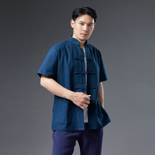 Men Retro Style Linen and Cotton Short Sleeve Pure Color Cardigan Shirts
