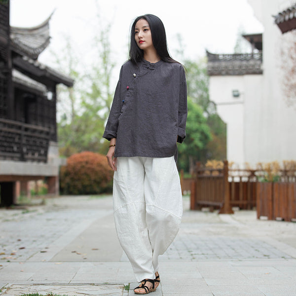 Women Round Collar Zen Style Linen and Cotton Long Sleeves Side Cardigan Shirt