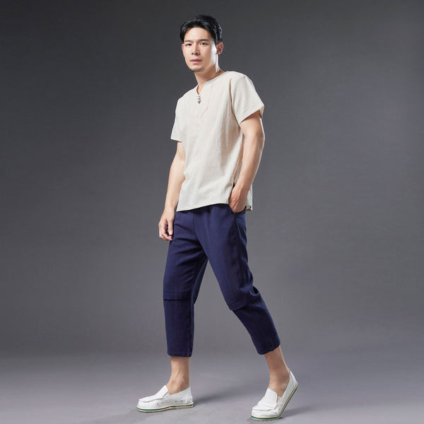 Men Causal Style V Neck Buckle Linen and Cotton Short Sleeve Tops