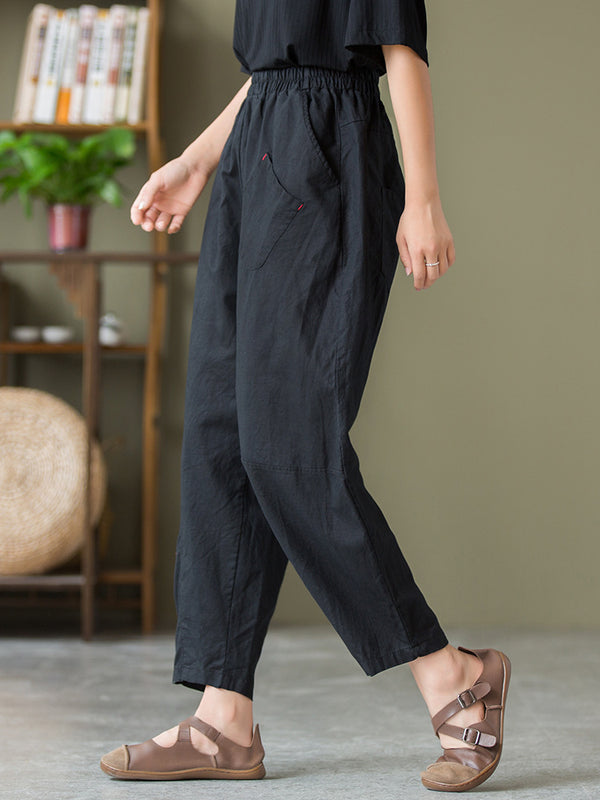 2021 Autumn NEW! Women Lantern Style Linen and Cotton Causal Patchwork Front Pocket Cropped Capris