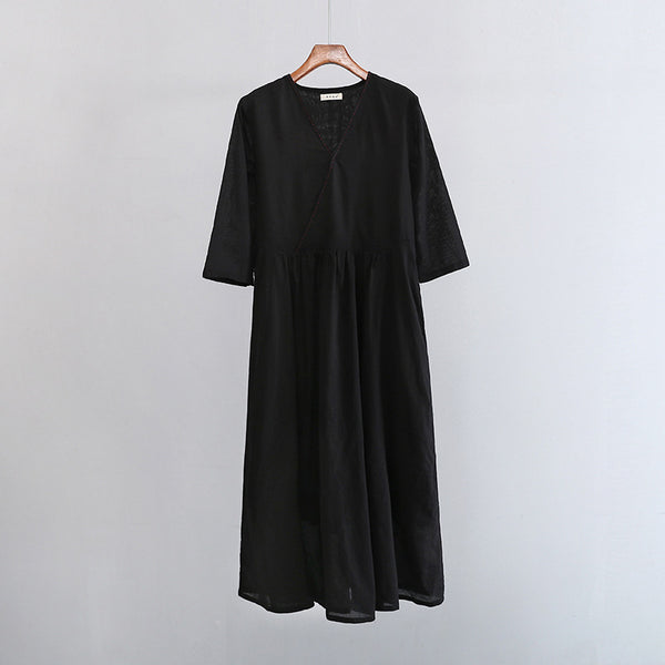 2022 Summer NEW! Women Loose Linen and Cotton V-Necked Middle Sleeve Maxi Dress