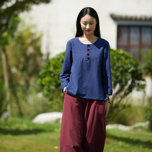 2021 Autumn NEW! Women Retro Style Linen and Cotton Pure Color Top Buckle T-Shirt