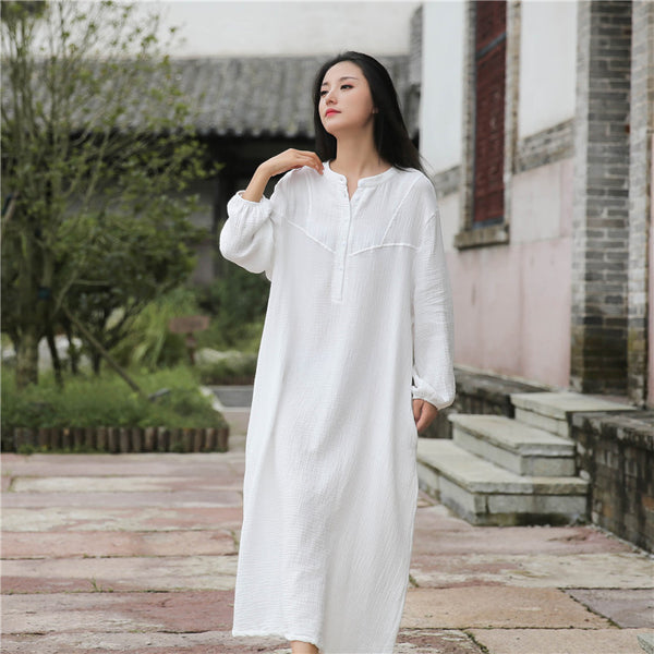 Retro Chinese Style Women Winkled Linen and Cotton Long Sleeve Dress