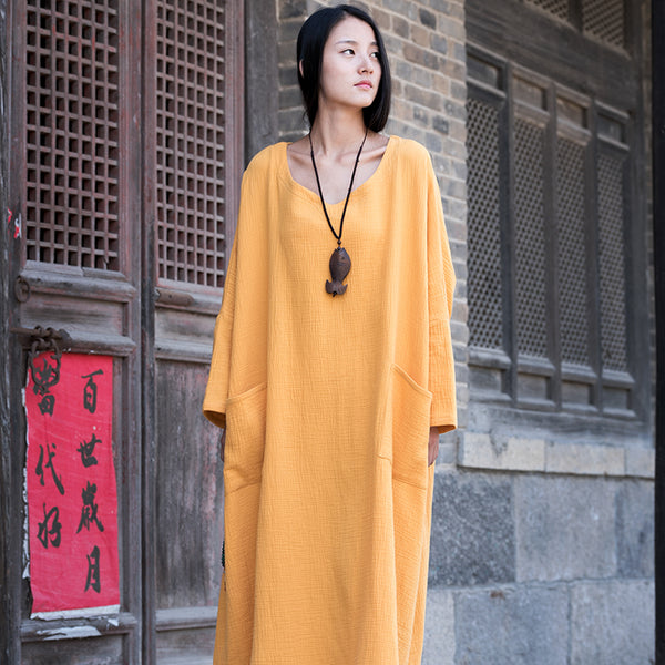 Women Asian Style Retro Long Sleeves Linen and Cotton Dress