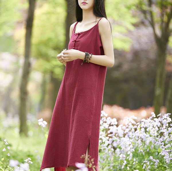 Women Cotton and Linen Retro Buckle Vest Style Skirt Dress