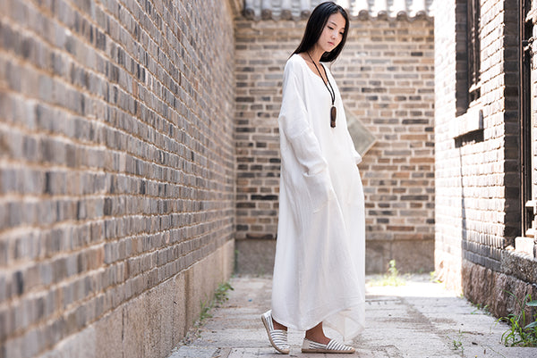 Women Asian Style Retro Long Sleeves Linen and Cotton Dress