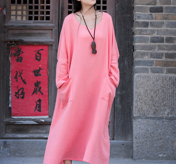 Women Asian Style Retro Long Sleeves Linen and Cotton Dress