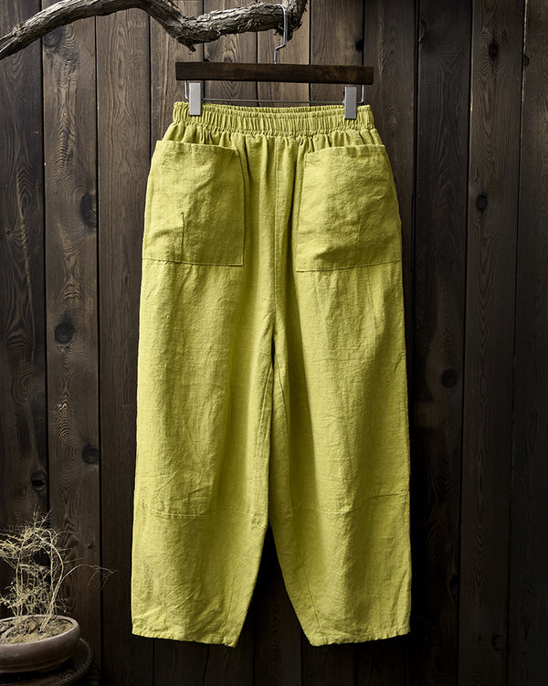 Women Retro Ramie Pure Hemp Sand Washed Big Pocket Pants