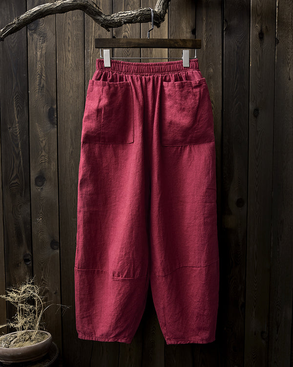 Women Retro Ramie Pure Hemp Sand Washed Big Pocket Pants