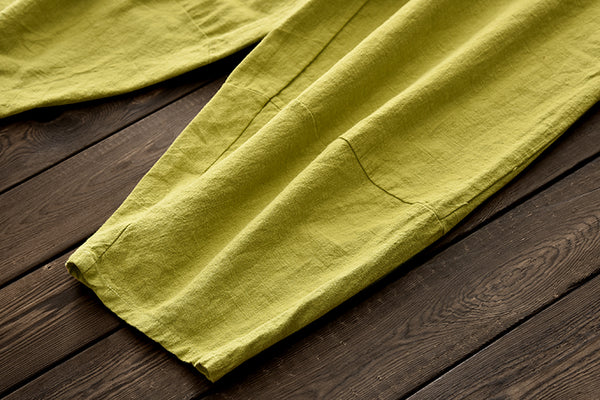 Women Retro Ramie Pure Hemp Sand Washed Big Pocket Pants