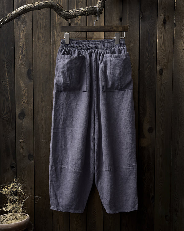 Women Retro Ramie Pure Hemp Sand Washed Big Pocket Pants