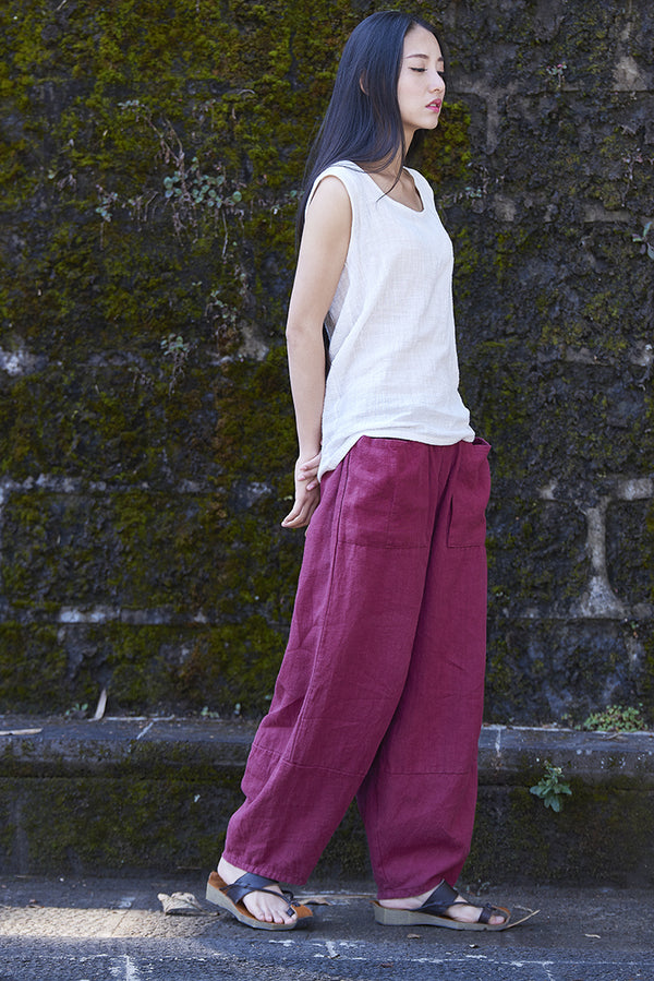 Women Retro Ramie Pure Hemp Sand Washed Big Pocket Pants