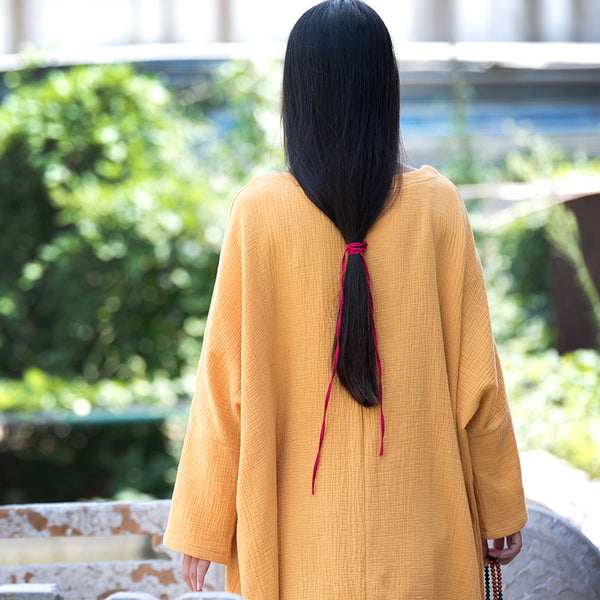 Women Asian Style Retro Long Sleeves Linen and Cotton Dress