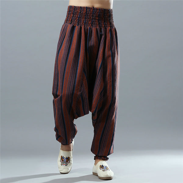 Men Casual Loose Stripe Patterned Cotton and Linen Hanging Crotch Pants