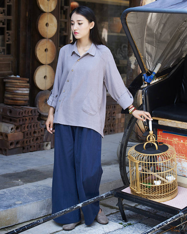 Women Loose Water Wash Linen and Cotton Wide Leg Pants