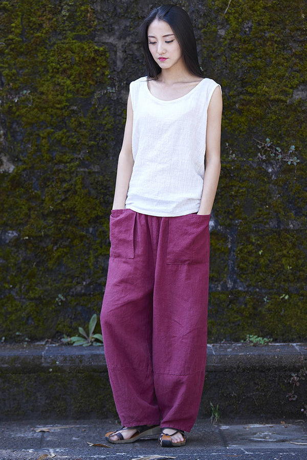Women Retro Ramie Pure Hemp Sand Washed Big Pocket Pants