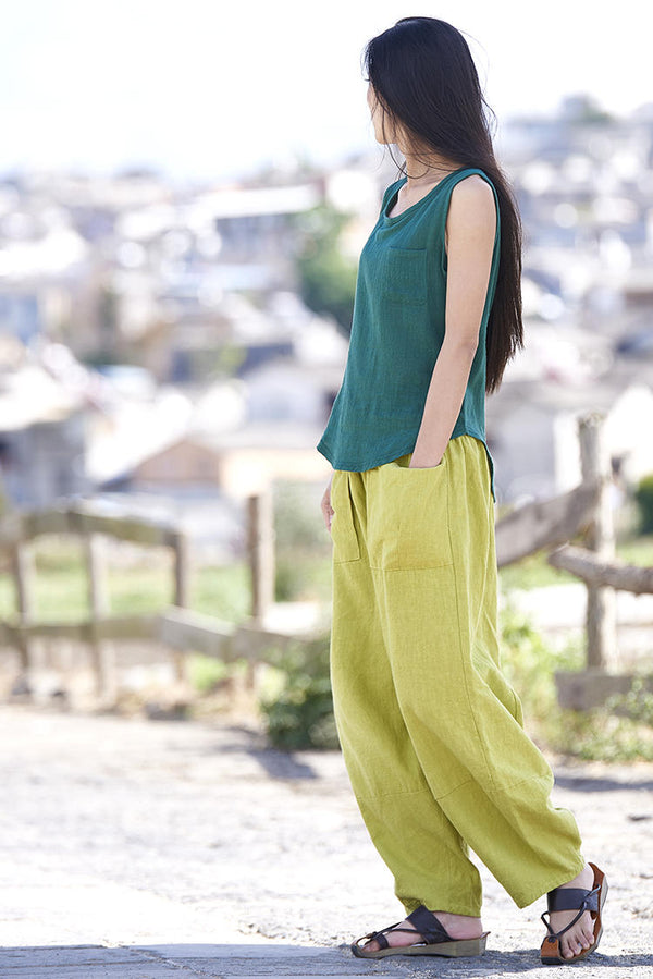 Women Retro Ramie Pure Hemp Sand Washed Big Pocket Pants