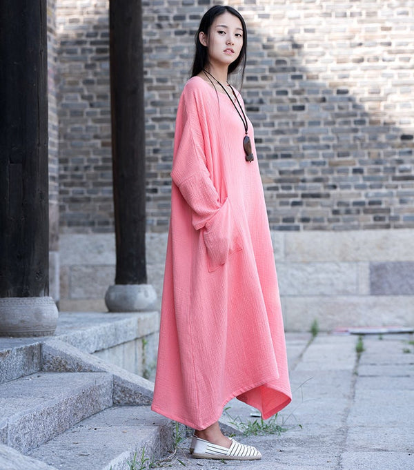 Women Asian Style Retro Long Sleeves Linen and Cotton Dress
