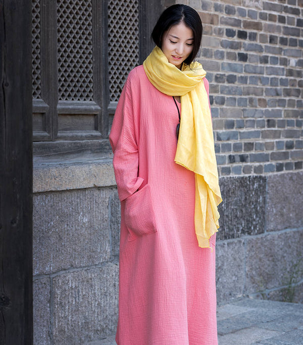 Women Asian Style Retro Long Sleeves Linen and Cotton Dress